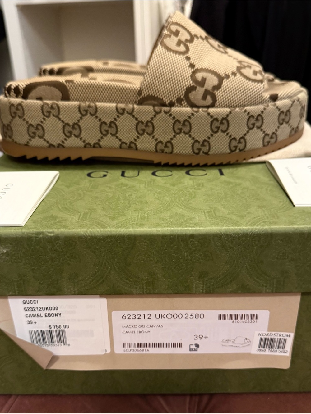 Gucci Camel Ebony GG Canvas Slide Sandals